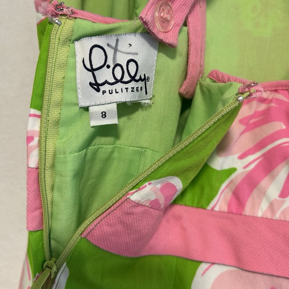 Lilly Pulitzer Sz. 8 Green Pink White Floral Round Neck Halter Back Strap Dress - Picture 7 of 9